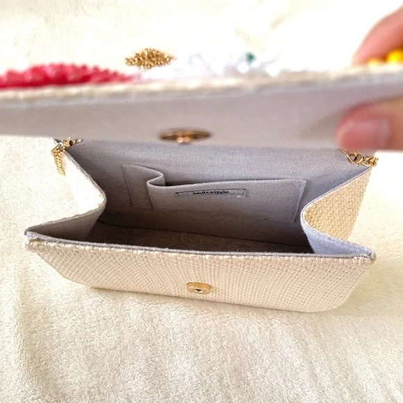 Haute Hippie Straw Bag w/ Colorful Floral Decoration & Bamboo Handle - Picture 6 of 9